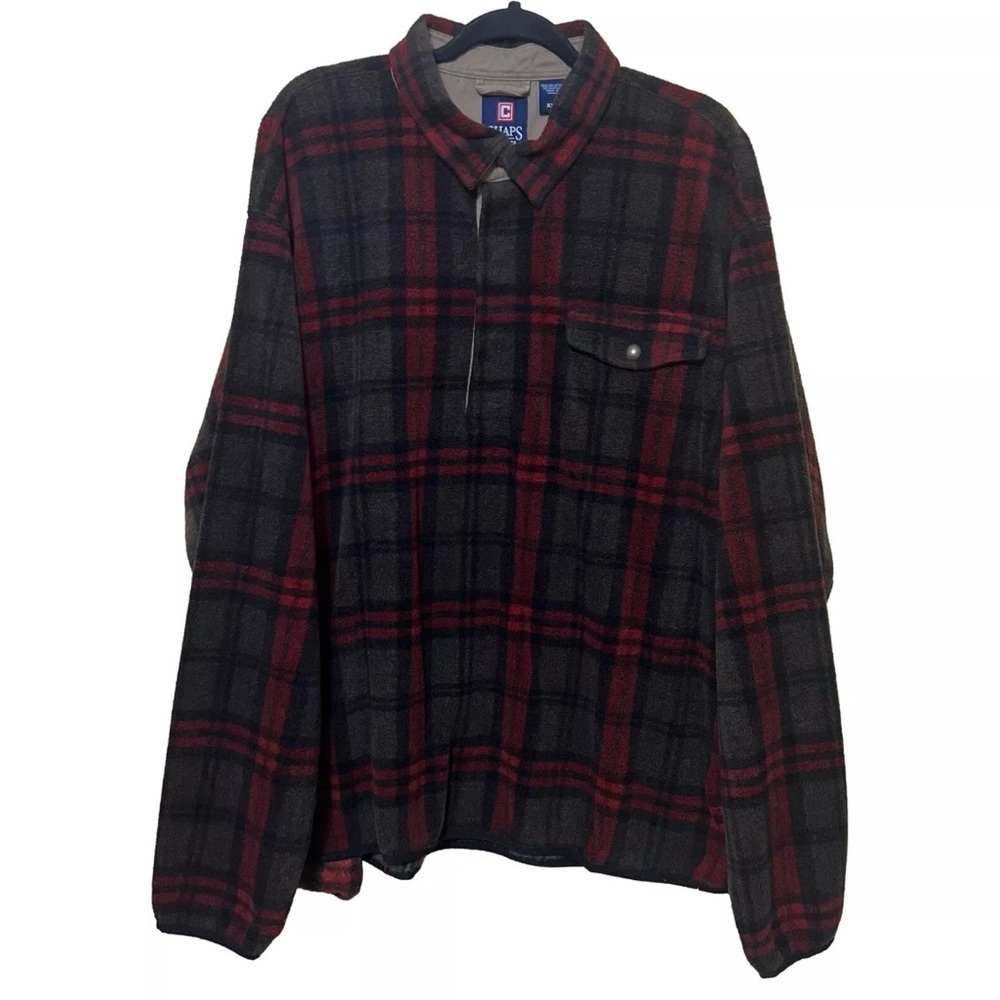 Chaps Men’s 2XL Red Black Plaid Quarter Button Pullover Fleece Sweater
